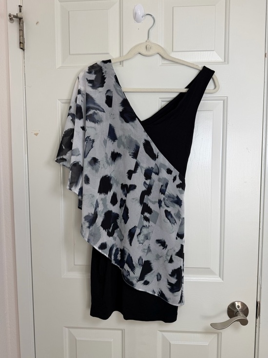 bebe Dresses & Skirts - bebe Black One-Shoulder Dress with Gray Abstract Print Overlay XXS